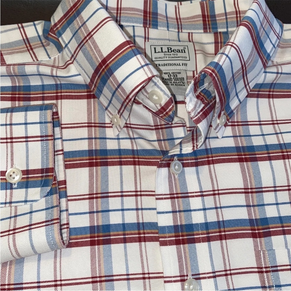 L.L. Bean Button Down Shirt Mens 17-33 Plaid Red White Blue Traditional Fit NWOT